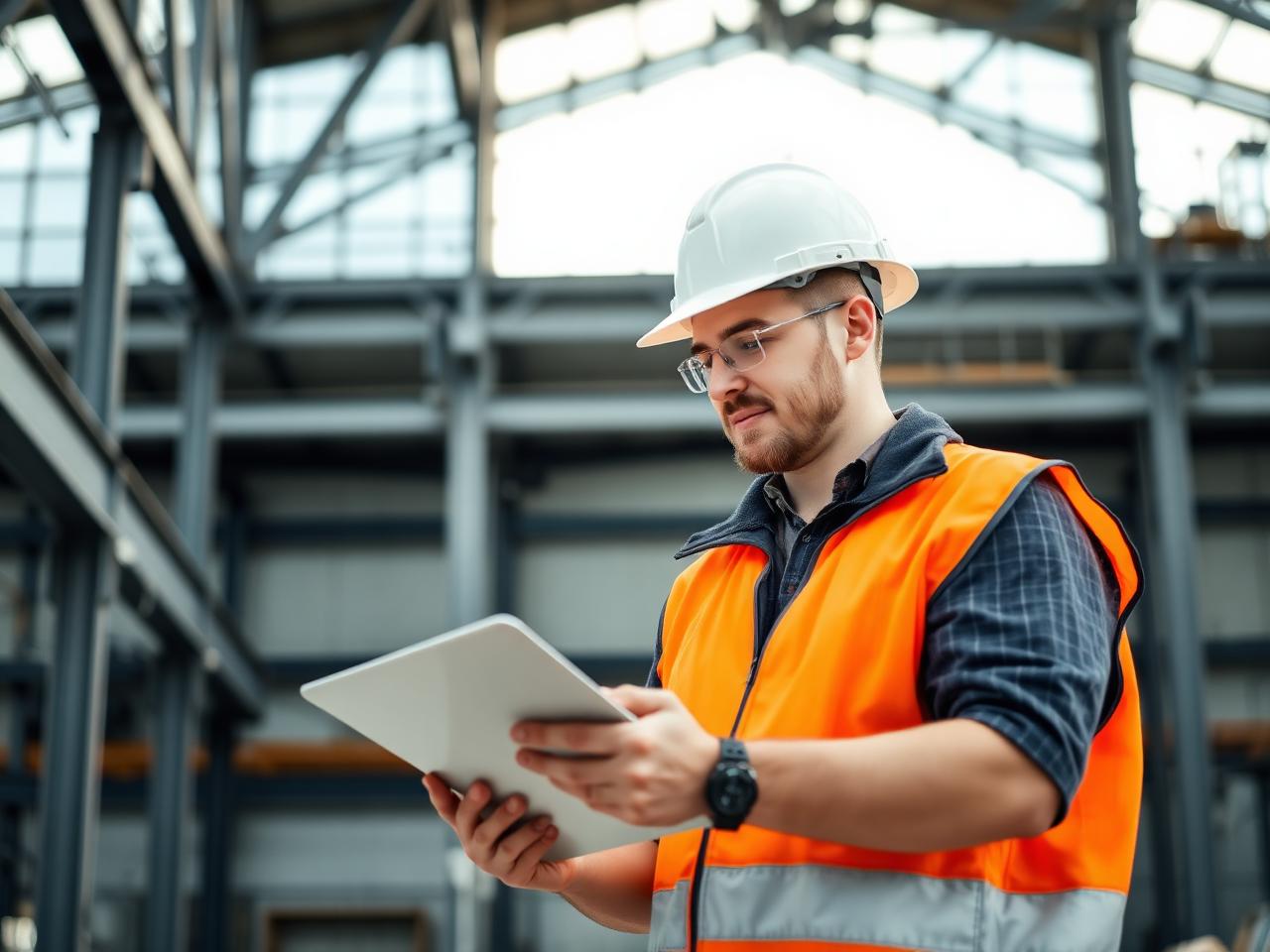 UDM project manager reviewing plans inside a steel-framed building